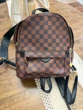 Brown Check Mini Backpack with Red Interior